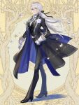  1boy arched_back belt belt_buckle black_coat black_pants black_ribbon black_shoes black_vest blue_coat blue_eyes blue_gemstone bolo_tie boutonniere buckle closed_mouth coat dairoku_ryouhei dress_shoes falling_petals flower formal_clothes frilled_sleeves frills full_body gem gloves hair_between_eyes hair_ribbon high_heels infospikee lapels light_particles long_hair long_sleeves low_ponytail male_focus monk_shoes monocle notched_lapels open_clothes open_coat pants patterned_clothing petals ponytail ribbon rose shirt shoes sideways_glance sleeve_cuffs smile solo standing stella_argento tuxedo_shirt two-sided_coat two-sided_fabric vest white_belt white_flower white_gloves white_hair white_rose white_shirt 