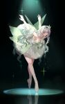  1girl absurdres aqua_hair arms_behind_back arms_up ballerina ballet ballet_slippers bare_shoulders black_background black_hairband breasts cleavage dancer dress fake_wings firefly_(honkai:_star_rail) frilled_hairband frills full_body gradient_hair grey_hair hair_between_eyes hair_ornament hairband highres honkai:_star_rail honkai_(series) insect_wings jewelry long_hair multicolored_eyes multicolored_hair parted_lips reflection simple_background solo white_dress wings yolanda 