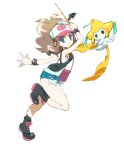  1girl absurdres baseball_cap black_vest blue_eyes breasts brown_hair closed_mouth cutoffs denim denim_shorts exposed_pocket hat high_ponytail highres hilda_(pokemon) holding holding_wand jirachi long_hair looking_at_viewer nyagiratwist open_clothes open_vest poke_ball_print pokemon pokemon_(creature) pokemon_bw ponytail shirt short_shorts shorts sidelocks vest wand white_shirt wristband 