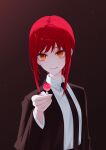  1girl black_jacket black_necktie black_suit candy chainsaw_man closed_mouth food hashtag-only_commentary highres holding holding_candy holding_food holding_lollipop jacket light_smile lollipop long_hair looking_at_viewer makima_(chainsaw_man) necktie orange_eyes red_hair ringed_eyes shirt sidelocks solo soyolan suit suit_jacket white_shirt 