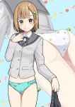  1girl absurdres aqua_panties ass blue_background blunt_ends blush bow bow_panties breasts brown_eyes brown_hair buttons closed_mouth collared_shirt commentary_request commission cowboy_shot crotch_seam dress_shirt embarrassed food-themed_hair_ornament food_print fruit_background fruit_print grey_jacket grey_ribbon grey_sailor_collar grey_skirt hair_ornament hand_up highres holding holding_unworn_clothes holding_unworn_skirt jacket lace-trimmed_panties lace_trim large_variant_set lime_hair_ornament lime_print long_sleeves looking_at_viewer medium_hair multiple_views neck_ribbon negimiso1989 no_pants original panties pixiv_commission pleated_skirt raised_inner_eyebrows ribbon sailor_collar school_uniform serafuku shirt skirt small_breasts standing two-tone_panties underwear unworn_skirt variant_set white_bow white_panties white_shirt zoom_layer 
