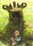  1boy belt belt_buckle black_cape blonde_hair blue_flower blue_tunic boots brown_boots buckle cape chest_belt closed_eyes commentary field flower grass guardian_(zelda) hashtag-only_commentary holding holding_sword holding_weapon ivy knee_up leaf link male_focus moss natsuyon pants parted_bangs plant pointy_ears sitting sleeping sword the_legend_of_zelda the_legend_of_zelda:_breath_of_the_wild tunic twitter_username weapon white_flower white_pants 