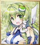  1girl :d bare_shoulders breasts collared_shirt detached_sleeves dot_nose frog_hair_ornament gohei green_eyes green_hair hair_intakes hair_ornament hair_tubes holding holding_gohei kochiya_sanae large_breasts light_blush long_hair long_sleeves looking_at_viewer mimi_(ikrptppt) painting_(medium) patterned_clothing shikishi shirt signature single_hair_tube single_sidelock sleeveless sleeveless_shirt smile snake_hair_ornament solo touhou traditional_media twitter_username upper_body watercolor_(medium) watermark wide_sleeves 