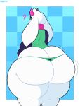 2023 2_horns anthro big_butt blue_background bovid butt caprine clothing deltarune english_description evilfiendish eyewear fur glasses goat green_clothing green_robe green_thong green_underwear hi_res horn long_ears looking_back male mammal pink_horn pink_scarf question_mark ralsei rear_view robe round_glasses scarf simple_background solo thick_thighs thong undertale_(series) underwear wearing_glasses white_body white_fur