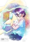  1boy absurdres affectionate black-framed_eyewear black_shorts closed_eyes closed_mouth commentary_request dated glasses happy highres hug jirachi male_focus max_(pokemon) mocha_fushigi pokemon pokemon:_jirachi:_wish_maker pokemon_(anime) pokemon_(creature) pokemon_rse_(anime) shirt short_hair short_sleeves shorts signature smile watermark 