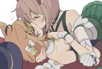  2girls addendium animal_ears blonde_hair blue_leotard brown_hair closed_eyes dooby_(vtuber) dress fishnet_pantyhose fishnets frilled_wrist_cuffs frills gloves green_dress hair_ribbon hat indie_virtual_youtuber kiss leotard mouse_ears mouse_girl multiple_girls nimi_nightmare official_alternate_costume pantyhose ribbon short_hair simple_background tapir_ears tapir_girl two-tone_dress unworn_hat unworn_headwear virtual_youtuber white_background white_dress white_gloves wrist_cuffs yuri 