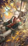  1boy animal_ears artist_request autumn belt belt_buckle black_belt black_socks buckle bug butterfly butterfly_on_hand buttons cat_boy cat_ears cat_tail chair checkered_floor cheshire_cat&#039;s_dream_(shining_nikki) coat collared_coat day dress_pants dress_shoes foot_out_of_frame game_cg gloves gold_medal green_coat green_shoes hand_on_own_leg happy highres kneehighs lapels loen_(shining_nikki) long_sleeves male_focus medal military_uniform nikki_(series) notched_lapels official_art on_chair outdoors outstretched_hand pants red_sash red_shirt sash shining_nikki shirt shoes sitting socks solo tail thigh_belt thigh_strap tree white_gloves white_pants 