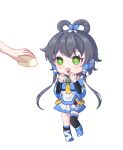  1girl asymmetrical_legwear bare_shoulders black_socks black_thighhighs blue_shoes chibi chinese_commentary detached_sleeves food full_body green_eyes grey_hair hair_ornament hair_rings happy highres long_hair looking_at_food luo_tianyi luo_tianyi_v3 pleated_skirt pointzhu shoes short_hair_with_long_locks simple_background skirt socks solo standing steamed_bun thighhighs twintails uneven_legwear vocaloid vsinger_(vocaloid) white_background white_shoes 