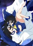  1girl absurdres ahoge alternate_color arm_ribbon ascot bare_shoulders black_hair blue_eyes blue_shoes blue_theme bow detached_sleeves frilled_bow frilled_hair_tubes frilled_skirt frills hair_between_eyes hair_bow hair_tubes hakurei_reimu high_heels highres legs_up long_hair pumps ribbon ribbon-trimmed_bow ribbon-trimmed_sleeves ribbon_trim shoes skirt skirt_set solo star_(sky) touhou unanooo_(fthx7532) wide_sleeves yellow_ascot 