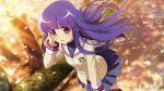  1girl artist_request blue_skirt blunt_bangs brown_jacket cherry_blossoms clannad crossover emblem furude_rika game_cg highres higurashi_no_naku_koro_ni higurashi_no_naku_koro_ni_mei hikarizaka_private_high_school_uniform jacket long_hair long_sleeves non-web_source official_art open_mouth outdoors pink_petals purple_eyes purple_hair school_uniform skirt solo sparkle tree 