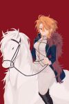  1girl black_coat black_shoes blonde_hair closed_mouth coat don_quixote_(project_moon) feather_boa gold_trim highres horseback_riding lapels limbus_company long_sleeves looking_at_viewer pants parted_bangs project_moon red_background red_eyes riding sancho_(project_moon) shirt shoes short_hair simple_background sitting solo ss0_520 upper_body white_horse white_pants white_shirt 