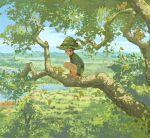  1boy animal barefoot bird black_hair blue_sky branch child closed_mouth commentary day gon_freecss goodkids_1 green_jacket green_shorts hat hunter_x_hunter in_tree jacket leaf long_sleeves looking_at_viewer male_focus nature outdoors shorts sky squatting squirrel symbol-only_commentary tree 