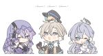  1boy 2girls animal_on_head aqua_eyes aqua_shirt aventurine_(honkai:_star_rail) aventurine_(origami_bird)_(honkai:_star_rail) bare_shoulders beak belt between_fingers bird bird_on_head black_belt black_collar black_gloves black_hat black_jacket black_swan_(honkai:_star_rail) black_vest blonde_hair blue_eyes blue_hair blush_stickers bracelet breasts buttons card closed_mouth clothing_cutout collar collared_shirt colored_inner_hair crossed_bangs detached_sleeves dress earrings feathered_wings flower_ornament fur-trimmed_jacket fur_trim gloves gold_bracelet grey_hair hair_between_eyes halo hand_up hat head_wings heart_cutout holding holding_card holding_removed_eyewear honkai:_star_rail honkai_(series) hug jacket jewel_under_eye jewelry lapels large_breasts long_hair long_sleeves looking_at_animal looking_up multicolored_eyes multicolored_hair multiple_girls neck_tattoo on_head one_eye_closed open_clothes open_jacket origami_bird_(honkai:_star_rail) pink-tinted_eyewear purinacow purple_dress purple_eyes purple_hair purple_sleeves purple_veil robin_(honkai:_star_rail) robin_(robird)_(honkai:_star_rail) shirt short_hair short_sleeves single_earring sleeveless sleeveless_dress smile sunglasses tarot tarot_card tattoo tinted_eyewear two-tone_dress unworn_eyewear veil vest watch wavy_hair white_dress white_gloves wings wristwatch yellow-framed_eyewear 