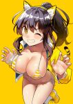  1girl animal_ears bikini blush breasts brown_hair cleavage collarbone fake_animal_ears grin hairband highres jacket kekemotsu kneehighs large_breasts long_hair long_sleeves looking_at_viewer navel one_eye_closed open_clothes open_jacket original ponytail shoes sidelocks smile socks solo striped_bikini striped_clothes swimsuit tail thighs tiger_ears tiger_stripes tiger_tail yellow_background yellow_bikini yellow_eyes yellow_jacket yellow_shoes 