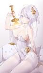  1girl absurdres blue_eyes bow breasts cleavage everlasting_(e.g.o) faust_(project_moon) gear_hair_ornament gears highres holding holding_sword holding_weapon human_scabbard large_breasts leotard limbus_company looking_at_viewer open_mouth pantyhose project_moon ranya_(artiraia) short_hair simple_background solo sword veil waist_bow weapon white_background white_bow white_hair white_leotard white_pantyhose white_veil 