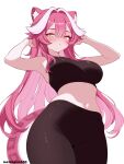  1girl :&lt; animal_ears armpits arms_up artist_name bare_shoulders blush breasts brown_pants brown_tank_top closed_mouth commentary hair_intakes hashtag-only_commentary highres hololive hololive_english large_breasts long_hair meichan multicolored_hair navel panther_ears panther_girl panther_tail pants pink_hair raora_panthera simple_background solo stomach streaked_hair tail tank_top thighs two-tone_hair virtual_youtuber white_background yellow_eyes 