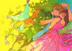  blonde_hair body_fur brown_hair brown_pants cat couple digimon digimon_adventure_02 dress green_shirt hetero highres looking_at_another lying ojing_oppa_(o_b_s_00) on_grass on_side orange_fur pants patamon pink_dress shirt short_hair tailmon takaishi_takeru white_fur white_shirt yagami_hikari 