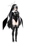  1girl black_gloves black_hair black_thighhighs blue_archive blush bodysuit breasts commentary_request cosplay covered_navel full_body furrowed_brow gloves groin hair_over_one_eye halo highres hinata_(blue_archive) justina_follower_(blue_archive) justina_follower_(blue_archive)_(cosplay) large_breasts latex latex_bodysuit long_hair one_eye_covered simple_background sketch solo standing sweat thighhighs very_long_hair white_background yamamoto_kichiko 