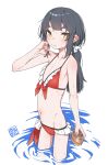  1girl akari_(raigou) animal bikini black_hair bow clam elf flat_chest frilled_bikini frills hair_bow highres holding holding_animal in_water long_hair original pointy_ears ponytail raigou sidelocks skinny solo swimsuit thick_eyebrows white_background white_bow yellow_eyes 