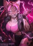 2023 anthro big_breasts black_bottomwear black_clothing black_jacket black_pants black_topwear bottomwear bra braided_hair braided_ponytail breasts brown_hair cleavage clothed clothed_anthro clothed_female clothing electricity electricity_manipulation elemental_manipulation english_text fangs felid feline female gloves hair handwear hi_res highlights_(coloring) jacket legwear long_hair lynx mammal multicolored_hair pants pink_bra pink_clothing pink_eyes pink_highlights pink_legwear pink_sports_bra pink_thigh_highs pink_underwear ponytail sabertooth_(anatomy) seyumei solo sports_bra supervillain tail teeth text thick_thighs thigh_highs topwear two_tone_hair underwear zaide_(ashkelling) zipper