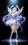  1girl absurdres alternate_costume armpits arms_up ballerina ballet ballet_slippers black_background blue_hair blue_ribbon bracelet breasts cleavage dancer detached_collar detached_sleeves dress dress_ribbon earrings face_jewel facing_viewer feathered_wings feathers floating_hair full_body green_eyes hair_between_eyes head_wings highres honkai:_star_rail honkai_(series) jewel_under_eye jewelry long_hair looking_up pantyhose parted_lips reflection ribbon robin_(honkai:_star_rail) short_sleeves simple_background single_earring solo very_long_hair white_dress white_feathers white_pantyhose white_wings wings yolanda 