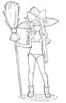 1girl :d asakura_maru bikini bow broom commentary_request full_body hat hat_bow high_contrast highres holding holding_broom kirisame_marisa large_hat looking_at_viewer monochrome navel side-tie_bikini_bottom simple_background sketch smile solo standing swimsuit thighs touhou white_background witch witch_hat 