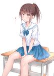  1girl blue_skirt blush bow brown_eyes brown_hair closed_mouth collarbone desk hair_between_eyes hair_ornament hairclip highres kutatsu_(kutatsu7) long_hair looking_at_viewer on_desk original pleated_skirt ponytail sailor_collar school_desk school_uniform shirt short_sleeves simple_background sitting skirt solo white_sailor_collar white_shirt 