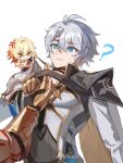  2boys ? anger_vein antenna_hair arm_tattoo armor black_choker black_shirt blonde_hair blue_eyes chibi choker clawed_gauntlets clothes_tug coat gradient_hair hashtag-only_commentary honkai:_star_rail honkai_(series) looking_at_another male_focus multicolored_hair multiple_boys mydei_(honkai:_star_rail) nanzhu_kyomooo parted_bangs pauldrons phainon_(honkai:_star_rail) red_hair red_tattoo shirt short_hair shoulder_armor simple_background single_pauldron tattoo white_background white_coat white_hair yellow_eyes 