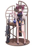  1girl 82jhin absurdres ahoge animal_ear_fluff animal_ears bare_shoulders black_gloves black_shoes blue_dress blush bottle bow breasts brown_eyes brown_hair bullet china_dress chinese_clothes commentary_request double-parted_bangs double_bun dress elbow_gloves floral_print floral_print_dress folding_fan full_body glass gloves gradient_hair gun hair_between_eyes hair_bow hair_bun halterneck hand_fan heart heart-shaped_pupils highres holding holding_fan large_breasts looking_at_viewer medium_hair multicolored_hair original parted_lips pelvic_curtain pink_bow pink_hair print_dress rifle shoes simple_background single_elbow_glove sleeveless sleeveless_dress smile solo symbol-shaped_pupils table thigh_strap two-tone_dress vase weapon white_background yellow_dress 