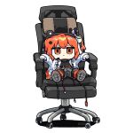 1girl a.i._voice adachi_rei black_pantyhose black_shirt breast_pocket chair chibi chibi_only gloves grey_skirt hair_between_eyes hair_ribbon hand_rest hands_up headlamp jacket long_sleeves looking_at_viewer office_chair open_clothes open_jacket orange_eyes orange_hair pantyhose pocket radio_antenna reakaki ribbon shadow shirt side_ponytail simple_background sitting skirt solo swivel_chair transparent_background twitter_username utau white_background white_gloves white_jacket 