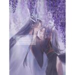  2boys ahoge animal_ears ass backless_outfit bishounen black_hair black_hanfu blue_shawl chinese_clothes closed_eyes dragon_boy eastern_dragon_horns eastern_dragon_tail flower fox_boy fox_ears fox_tail from_side hair_ribbon hands_on_another&#039;s_face hanfu headband highres imminent_kiss kemonomimi_mode lan_wangji long_hair long_sleeves male_focus modao_zushi multiple_boys ojisan_rbt parted_lips ponytail profile purple_flower red_ribbon ribbon robe sash shawl sidelocks sitting smile standing tail topknot twitter_username watermark wei_wuxian white_hanfu white_headband wide_sleeves wisteria xiao_guan_(headdress) yaoi 