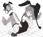  1girl :o animal_ears black_leotard blush breasts brown_hair cleavage danganronpa_(series) danganronpa_2:_goodbye_despair detached_collar fake_animal_ears fishnet_thighhighs fishnets galaga highres large_breasts leotard medium_hair mu~u_(payapaya1101) nanami_chiaki neck_ribbon pink_eyes pink_ribbon pink_shoes playboy_bunny rabbit_ears ribbon shoes spaceship_hair_ornament thighhighs white_background 