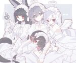  4girls absurdres animal_ears belle_(zenless_zone_zero) blue_eyes blue_hair bow bowtie crossed_bangs dress elbow_gloves ellen_joe fake_wings fins fish_tail fox_ears fox_girl frilled_wristband gloves green_eyes highres hoshimi_miyabi long_hair lying_on_lap multiple_girls official_alternate_costume purple_hair red_eyes shark_girl shark_tail smile tail tailless_(zenless_zone_zero) vivian_banshee white_bow white_bowtie white_dress white_gloves white_headdress white_wings wings zenless_zone_zero zzzii0 