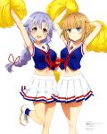  2girls :d abe_azumi absurdres anime_coloring ankle_socks arm_up armpits arms_up artist_request blue_eyes blue_shirt blue_socks blunt_bangs blush bow braid braided_ponytail breasts brown_eyes brown_hair cheerleader closed_mouth collarbone copyright_name copyright_notice cropped_shirt green_bow hair_bow hair_ribbon hand_on_own_hip high_school_fleet highres holding holding_pom_poms kawano_tsubame leg_up long_hair looking_at_viewer magazine_scan matching_outfits mc_axis medium_breasts midriff miniskirt multiple_girls navel official_art open_mouth pleated_skirt pom_pom_(cheerleading) purple_hair red_ribbon ribbon scan shade shirt shoes short_hair side_braids sidelocks simple_background skirt sleeveless sleeveless_shirt smile socks standing standing_on_one_leg teeth upper_teeth_only white_background white_shoes white_skirt wispy_bangs 