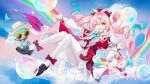  1girl 5plus absurdres ankle_bow aqua_bow aqua_bowtie aqua_eyes aqua_hair balloon black_shoes blue_sky bow bowtie breasts bubble bubbles_(honkai:_star_rail) commentary_request day dress gold_trim gradient_hair hair_between_eyes hand_up hat highres honkai:_star_rail honkai_(series) hyacine_(honkai:_star_rail) layered_dress little_ica_(honkai:_star_rail) loafers long_sleeves looking_at_viewer midair multicolored_hair one_eye_closed open_mouth pantyhose pink_hair rainbow red_bow red_dress red_hat shoes sidelocks sky small_breasts smile solo sparkle sunglasses twintails white_pantyhose 