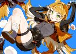  +_+ 1girl absurdres animal_ear_fluff animal_ears black_gloves blue_background blue_shoes bow claw_pose collared_shirt colored_inner_hair elbow_gloves fingerless_gloves gloves green_eyes grey_shirt high-waist_shorts highres jacket ju_fufu long_hair looking_at_viewer multicolored_hair orange_fur shirt shoes shorts smile socks striped_fur tail tail_bow tail_ornament thigh_strap tiger_ears tiger_girl tiger_stripes tiger_tail white_socks yellow_jacket yun-yang zenless_zone_zero 