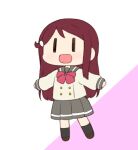  1girl black_eyes bow bowtie buttons chibi grey_sailor_collar grey_skirt hair_ornament loafers long_hair long_sleeves love_live! love_live!_sunshine!! miyako_hito necktie pleated_skirt red_bow red_bowtie red_hair red_necktie sailor_collar sakurauchi_riko school_uniform serafuku shoes simple_background skirt socks solo uranohoshi_school_uniform white_background winter_uniform 