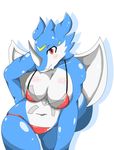  2016 anthro big_breasts bikini blue_skin blush bra breasts clothed clothing digimon exveemon female horn looking_at_viewer mellonsoda membranous_wings navel red_eyes simple_background skimpy solo swimsuit underwear white_background white_horn white_skin wings 