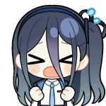  &gt;_&lt; 1girl animated animated_gif aqua_necktie aris_(blue_archive) black_jacket blue_archive blue_hair blue_hairband blue_jacket blush_stickers chibi chunye_haruya closed_eyes collared_shirt disembodied_hand dot_nose facing_viewer flying_sweatdrops hair_between_eyes hairband jacket long_bangs long_hair long_hair_between_eyes long_sleeves lowres multicolored_jacket necktie one_side_up open_clothes open_jacket open_mouth school_uniform second-party_source shirt simple_background solo sweatdrop transparent_background upper_body white_jacket white_shirt 