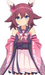  1girl absurdres animal_ears astroglia_cyte black_gloves blue_eyes brown_hair commentary cowboy_shot detached_sleeves fingerless_gloves flower gloves hair_flower hair_ornament highres horse_ears horse_girl horse_tail japanese_clothes kimono looking_at_viewer miniskirt pink_kimono pink_sleeves pleated_skirt sakura_chiyono_o_(umamusume) sash short_hair simple_background skirt sleeveless sleeveless_kimono solo tail umamusume white_background white_skirt wide_sleeves 