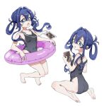  1girl ass bare_arms bare_legs bare_shoulders barefoot black_one-piece_swimsuit blue_eyes blue_hair breasts cellphone commentary dalidari27 full_body hair_between_eyes hair_intakes hair_rings highres holding holding_phone innertube kimi_no_koto_ga_dai_dai_dai_dai_daisuki_na_100-nin_no_kanojo lanyard long_hair looking_at_viewer multiple_views one-piece_swimsuit open_mouth phone sidelocks simple_background small_breasts smartphone swim_ring swimsuit white_background yoshimoto_shizuka 