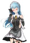  1girl apron aqua_hair black_garter_straps black_gloves black_shirt black_thighhighs blush breast_zipper breasts closed_eyes commentary cowboy_shot detached_collar eiyuu_densetsu facing_viewer frilled_apron frilled_skirt frills garter_straps gloves grey_apron hakuleg hand_in_own_hair headset highres kai_no_kiseki kuro_no_kiseki_(series) long_hair maid_apron maid_headdress medium_breasts miniskirt necktie parted_lips partially_unzipped pointy_ears risette_twinings shirt short_necktie simple_background skirt solo standing sweat thighhighs two-tone_shirt white_background white_shirt white_skirt wiping_sweat yellow_necktie 