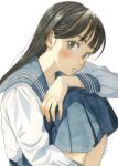  1girl absurdres black_hair blue_sailor_collar blue_skirt blush brown_eyes highres knees_to_chest long_hair looking_at_viewer original painting_(medium) parted_lips sailor_collar school_uniform serafuku shinomiya_nanase shirt skirt solo traditional_media watercolor_(medium) white_shirt 