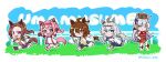  5girls :d agnes_tachyon_(umamusume) ahoge animal_ears asymmetrical_footwear asymmetrical_gloves bandaid bandaid_on_leg black_gloves black_necktie black_shoes blue_skirt blunt_bangs blush bow brown_hair buruma chibi commentary copyright_name dress ear_bow ear_covers english_commentary epaulettes fingerless_gloves flower_in_eye gloves gold_hairband gold_ship_(umamusume) grey_eyes grey_hair hair_between_eyes hair_intakes hairband haru_urara_(umamusume) headband highres holding holding_test_tube horse_ears horse_girl horse_tail jacket lab_coat long_hair long_sleeves looking_at_another looking_at_viewer mismatched_footwear mismatched_gloves mixed-language_commentary multiple_girls navel necktie oguri_cap_(umamusume) open_clothes open_jacket pillbox_hat pink_hair pink_headband pleated_skirt ponytail purple_eyes red_buruma red_dress red_eyes red_gloves running sakura_bakushin_o_(umamusume) shoes short_necktie skirt sleepyowl_(jobkung15) sleeveless sleeveless_dress sleeves_past_fingers sleeves_past_wrists smile sweater symbol_in_eye tail test_tube track_jacket twitter_username umamusume white_gloves white_shoes 