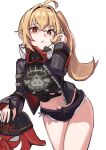  1girl :o ahoge black_jacket black_shirt blonde_hair boar crop_top fur-trimmed_shorts fur_trim hair_between_eyes highres jacket long_hair looking_at_viewer luciana_de_montefio lucy&#039;s_crew_(zenless_zone_zero) mask mask_around_neck micro_shorts red_eyes shirt shorts side_ponytail simple_background solokitsune spiked_jacket zenless_zone_zero 