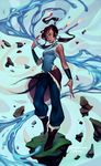  avatar_(series) blue_eyes boots breasts burning dark_skin fire hip_bones korra looking_at_viewer medium_breasts mioree ponytail rock sleeveless solo the_legend_of_korra water wind 