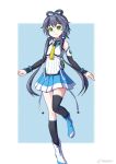  1girl asymmetrical_legwear bare_shoulders black_socks black_thighhighs blue_boots boots chinese_commentary elbow_gloves fingerless_gloves full_body gloves green_eyes grey_hair hair_ornament hair_rings highres long_hair looking_at_viewer luo_tianyi luo_tianyi_v4 necktie pleated_skirt pointzhu ribbon shoes short_hair_with_long_locks simple_background skirt socks solo standing standing_on_one_leg thighhighs twintails uneven_legwear vocaloid vsinger_(vocaloid) watermark weibo_username weibo_watermark white_boots white_ribbon yellow_necktie 