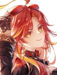  1girl ahoge black_gloves black_jacket commentary earrings genshin_impact glint gloves highres jacket jewelry long_hair long_sleeves looking_at_viewer mavuika_(genshin_impact) multicolored_hair orange_eyes orange_hair red_hair simple_background smile solo sun_earrings sunglasses symbol-only_commentary symbol-shaped_eyes traffic_light white_background yuno_kaihara 