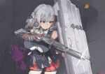  1girl absurdres bare_shoulders braid breasts brown_gloves collarbone commentary_request detached_sleeves fingerless_gloves food girls&#039;_frontline girls&#039;_frontline_2:_exilium gloves grey_hair gun highres holding holding_gun holding_weapon large_breasts medium_hair parted_lips pizza pleated_skirt pump_action red_eyes red_skirt sabrina_(girls&#039;_frontline_2) shield shirt shorts shorts_under_skirt shotgun skirt solo spas-12 spas-12_(girls&#039;_frontline) spxn7787 weapon white_shirt 