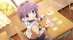  1girl artist_request blue_skirt brown_jacket card chair clannad crossover desk fujibayashi_ryou game_cg hair_ribbon highres higurashi_no_naku_koro_ni higurashi_no_naku_koro_ni_mei hikarizaka_private_high_school_uniform holding holding_card jacket long_sleeves looking_at_viewer non-web_source official_art open_mouth playing_card purple_eyes purple_hair ribbon school_chair school_desk school_uniform short_hair sitting skirt smile solo sparkle tree white_ribbon window 